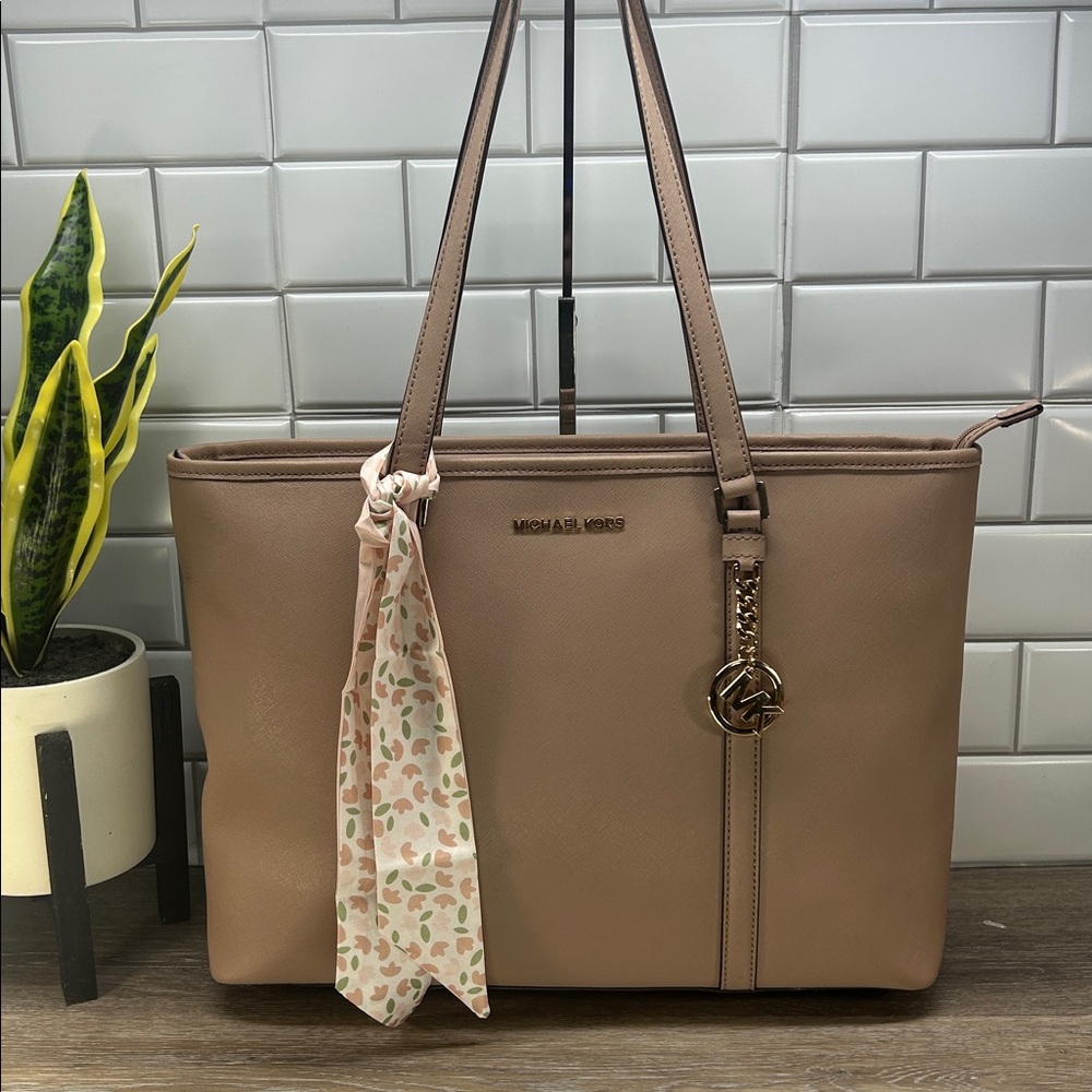 Michael Kors Taupe Tote with Floral Scarf and Gold Hardware